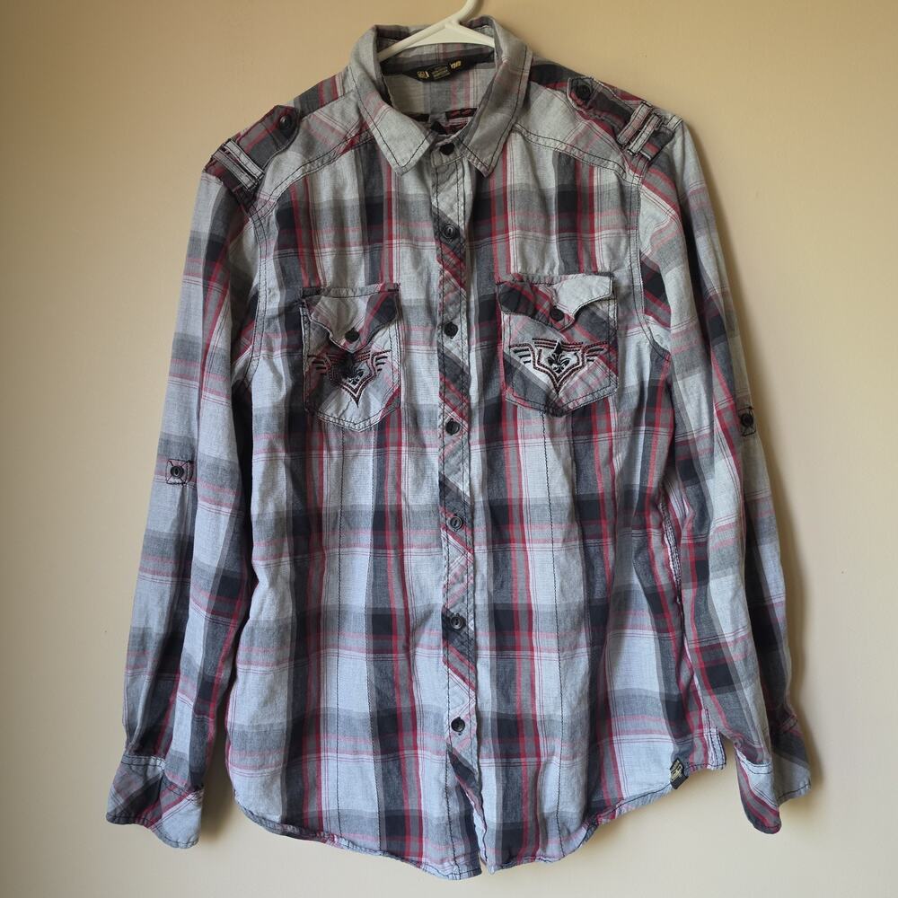 MK Machine Button Up Shirt Mens Size Medium Red Black Plaid Gray Big Graphic